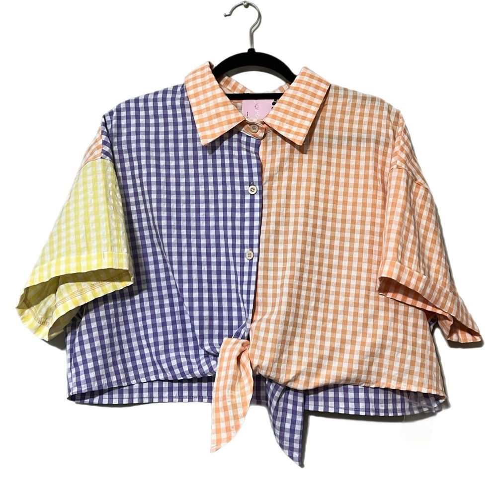 Chocolate u.s.a large gingham color block patchwork cropped button tie front top